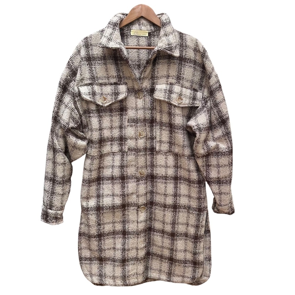 How Very Loved Shacket Jacket Brown Cream‎ Plaid Outdoors Chunky Lagenlook MED